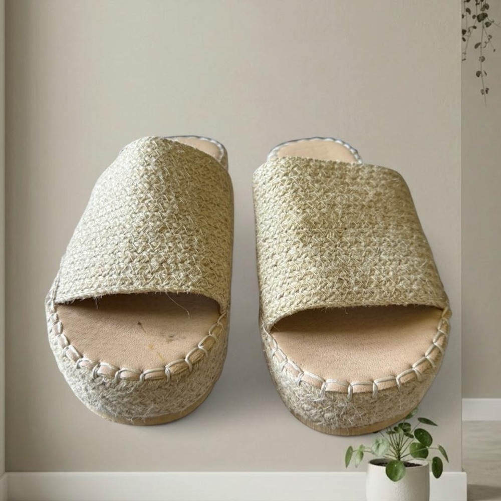 Tan and cream espadrille platform